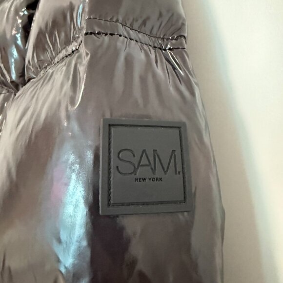 SAM. New York Glossy Down Puffer Jacket L Black/Charcoal | $395 Retail - Picture 2 of 10